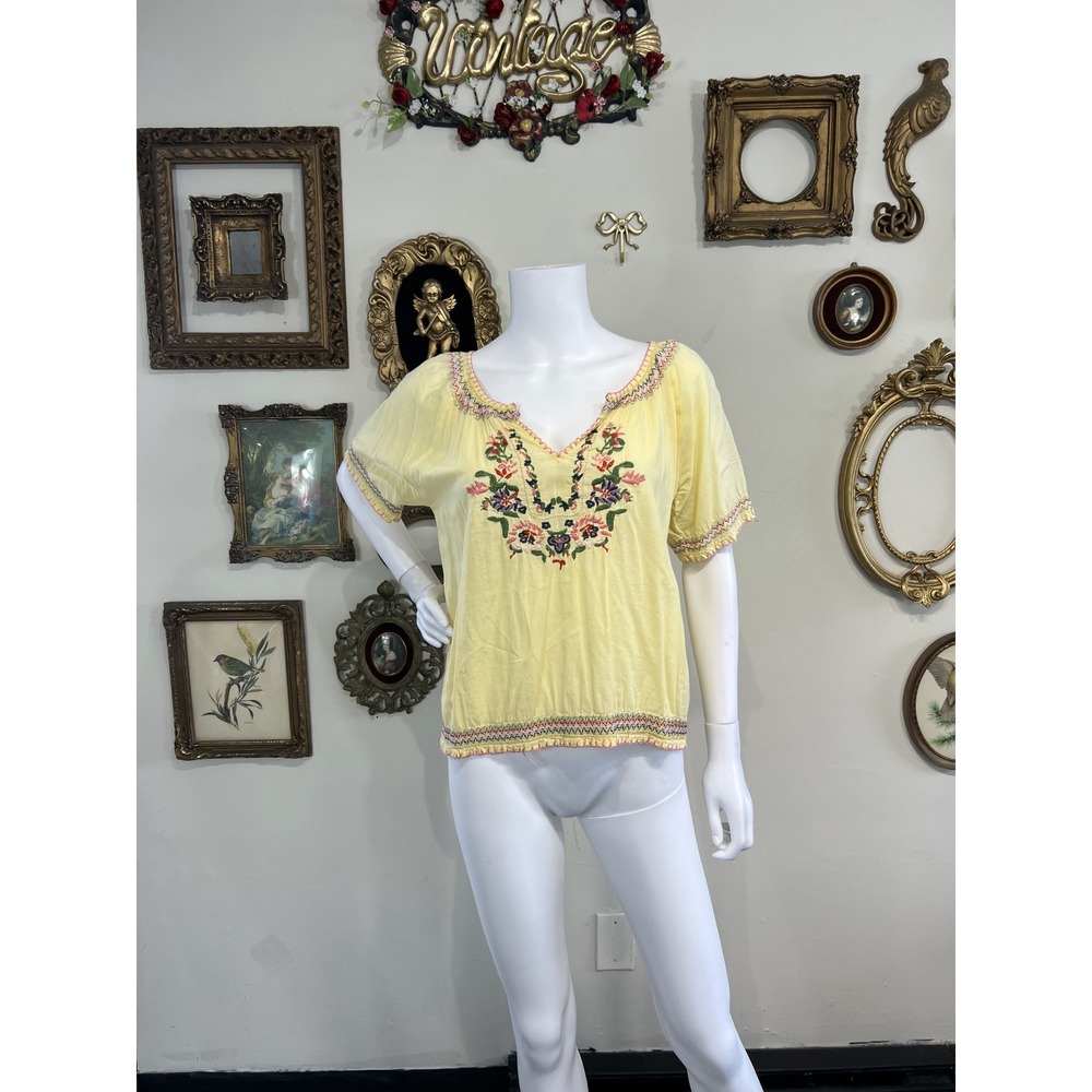 Jai Creations Yellow Embroidered Cotton Peasant Blouse Large